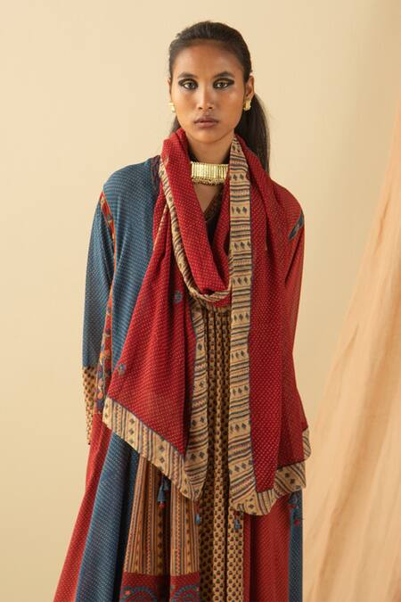 Buy_Sunira Designs_Multi Color Silk Georgette Ajrakh Print Panelled Long Tunic_Online_at_Aza_Fashions