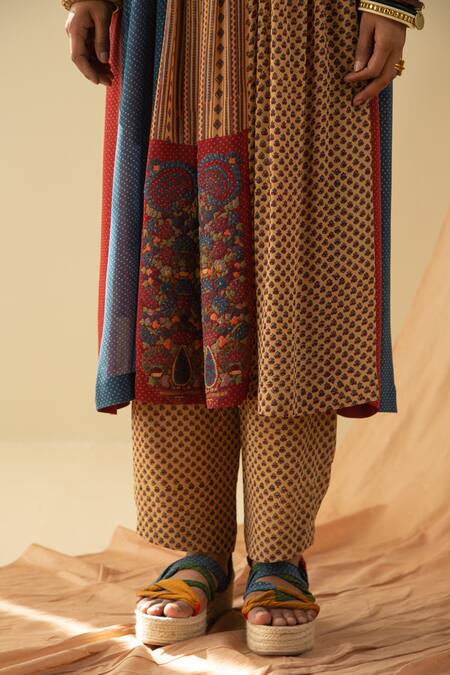 Sunira Designs_Multi Color Silk Georgette Ajrakh Print Panelled Long Tunic_at_Aza_Fashions
