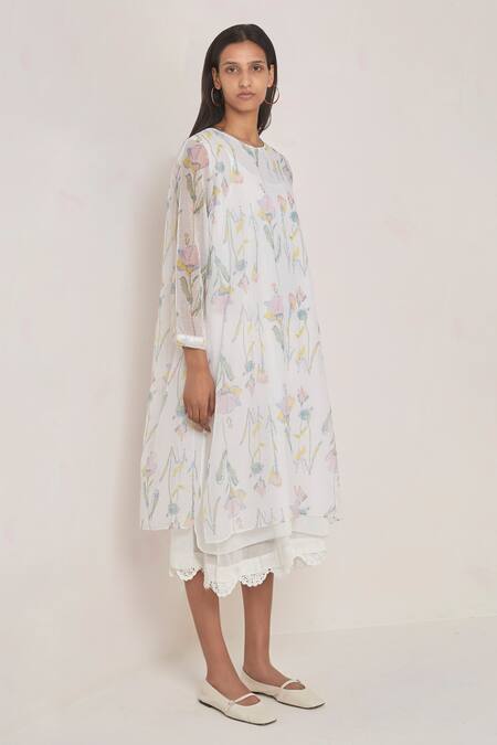 Eka_White Kota Doria Round Printed Dress _Online_at_Aza_Fashions