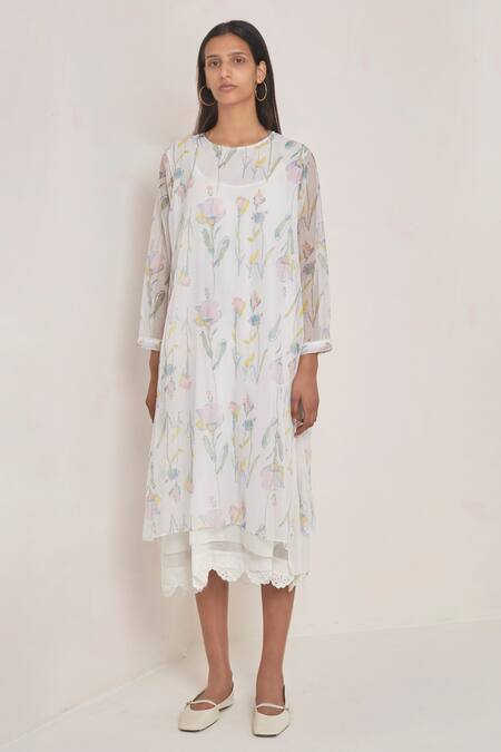 Buy_Eka_White Kota Doria Round Printed Dress _Online_at_Aza_Fashions