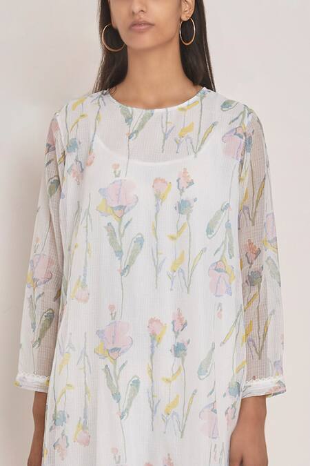 Shop_Eka_White Kota Doria Round Printed Dress _Online_at_Aza_Fashions