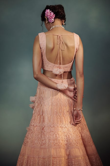 Buy_SUHINO_Peach Cotton Shantoon, Soft Net Lining Dupion Embroidered Bridal Lehenga Set _Online_at_Aza_Fashions