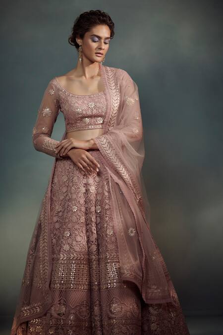 SUHINO Purple Shantoon, Soft Net Lining Cotton Scoop Embroidered Bridal Lehenga Set Online at Aza Fashions SUHINO_Purple Shantoon, Soft Net Lining Cotton Scoop Embroidered Bridal Lehenga Set _Online_at_Aza_Fashions