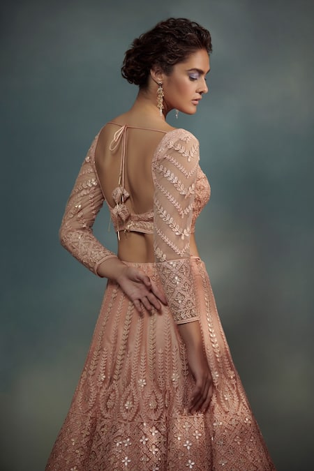 Shop SUHINO Peach Shantoon, Soft Net Lining Cotton V Neck Embroidered Bridal Lehenga Set at Aza Fashions Shop_SUHINO_Peach Shantoon, Soft Net Lining Cotton V Neck Embroidered Bridal Lehenga Set _at_Aza_Fashions