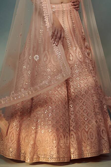 Shop SUHINO Peach Shantoon, Soft Net Lining Cotton V Neck Embroidered Bridal Lehenga Set Online at Aza Fashions Shop_SUHINO_Peach Shantoon, Soft Net Lining Cotton V Neck Embroidered Bridal Lehenga Set _Online_at_Aza_Fashions
