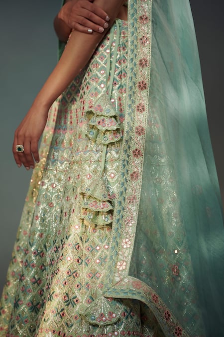 Buy SUHINO Green Shantoon, 100 Grams Pure Raw Silk, Organza Embroidered Bridal Lehenga Set Online at Aza Fashions Buy_SUHINO_Green Shantoon, 100 Grams Pure Raw Silk, Organza Embroidered Bridal Lehenga Set _Online_at_Aza_Fashions