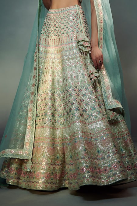 Shop SUHINO Green Shantoon, 100 Grams Pure Raw Silk, Organza Embroidered Bridal Lehenga Set Online at Aza Fashions Shop_SUHINO_Green Shantoon, 100 Grams Pure Raw Silk, Organza Embroidered Bridal Lehenga Set _Online_at_Aza_Fashions
