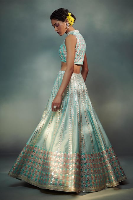 Shop_Suhino_Blue Taffeta, Shantoon, Net Lining Cotton Embroidered Bridal Lehenga Set _at_Aza_Fashions