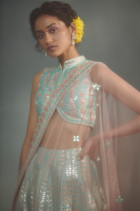 Suhino_Blue Taffeta, Shantoon, Net Lining Cotton Embroidered Bridal Lehenga Set _Online_at_Aza_Fashions