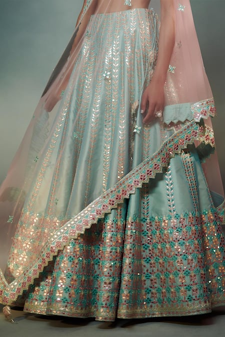 Shop_Suhino_Blue Taffeta, Shantoon, Net Lining Cotton Embroidered Bridal Lehenga Set _Online_at_Aza_Fashions