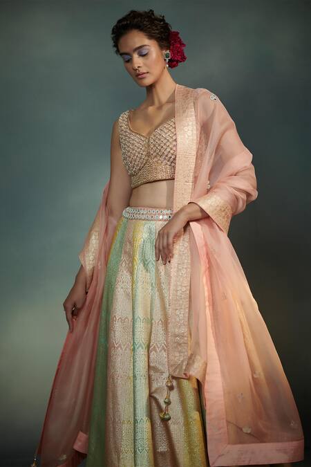 SUHINO_Multi Color Satin, Shantoon, Lehenga Banarasi Katan Silk Blouse Bridal Set_Online_at_Aza_Fashions