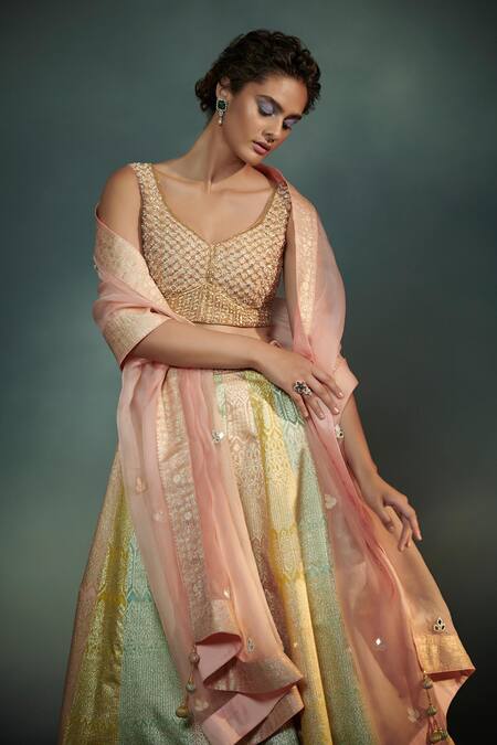 Buy_SUHINO_Multi Color Satin, Shantoon, Lehenga Banarasi Katan Silk Blouse Bridal Set_Online_at_Aza_Fashions