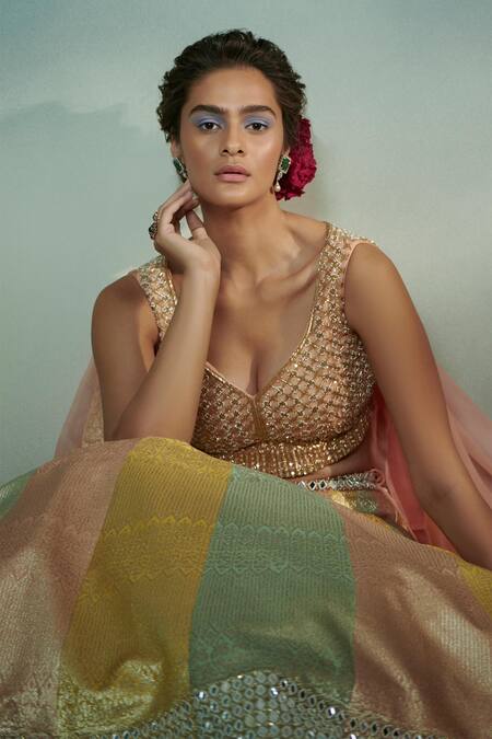 Shop_SUHINO_Multi Color Satin, Shantoon, Lehenga Banarasi Katan Silk Blouse Bridal Set_Online_at_Aza_Fashions