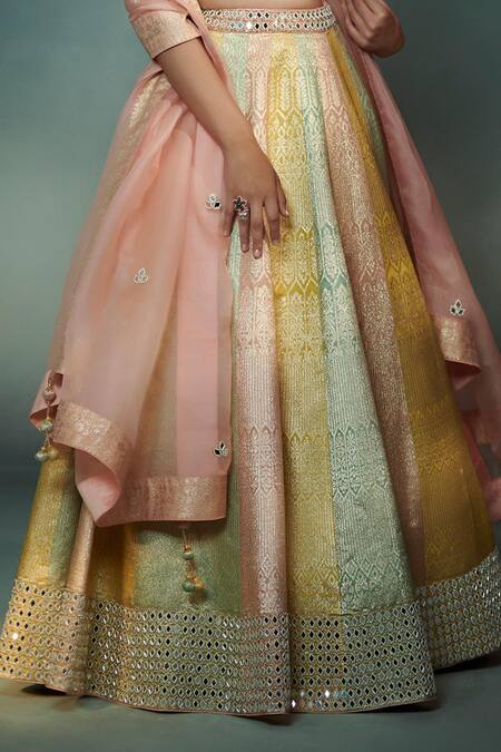 SUHINO_Multi Color Satin, Shantoon, Lehenga Banarasi Katan Silk Blouse Bridal Set_at_Aza_Fashions