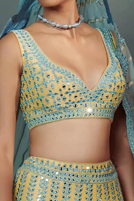 Buy SUHINO Blue Organza, 100 Grams Pure Raw Silk V Neck Embroidered Bridal Lehenga Set Online at Aza Fashions Buy_SUHINO_Blue Organza, 100 Grams Pure Raw Silk V Neck Embroidered Bridal Lehenga Set _Online_at_Aza_Fashions