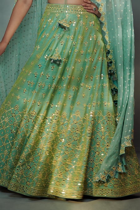 SUHINO Green Organza, 100 Grams Pure Raw Silk V Neck Embroidered Bridal Lehenga Set at Aza Fashions SUHINO_Green Organza, 100 Grams Pure Raw Silk V Neck Embroidered Bridal Lehenga Set _at_Aza_Fashions