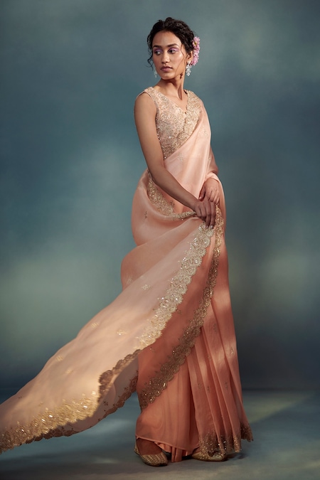 Suhino Peach Petticoat Satin, Saree Pure Banarasi Organza Aari V Neck With Blouse 