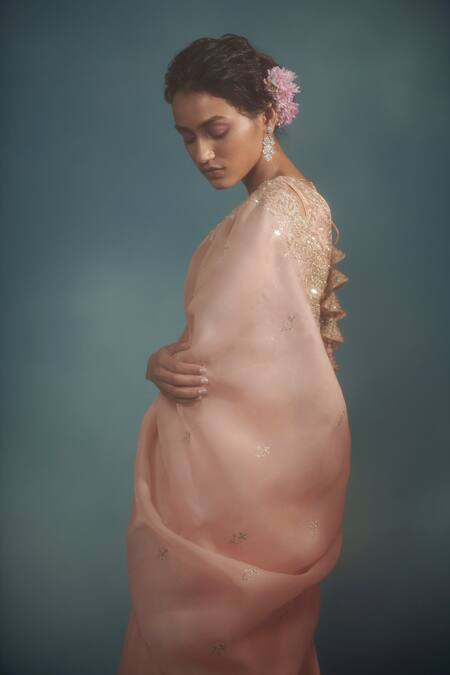 Suhino_Peach Petticoat Satin, Saree Pure Banarasi Organza Aari V Neck With Blouse _Online_at_Aza_Fashions