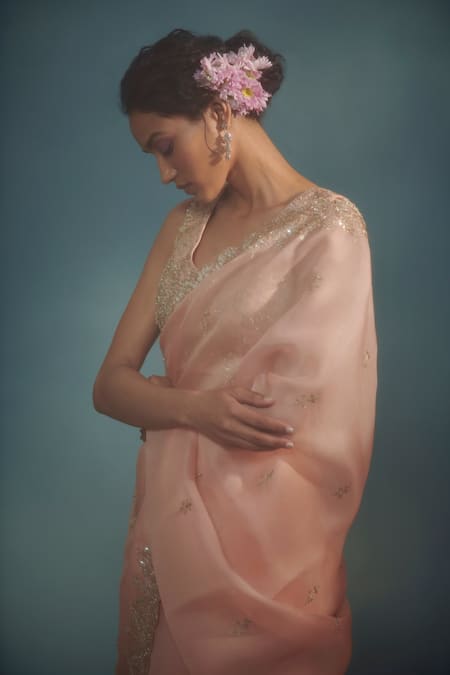 Buy_Suhino_Peach Petticoat Satin, Saree Pure Banarasi Organza Aari V Neck With Blouse _Online_at_Aza_Fashions