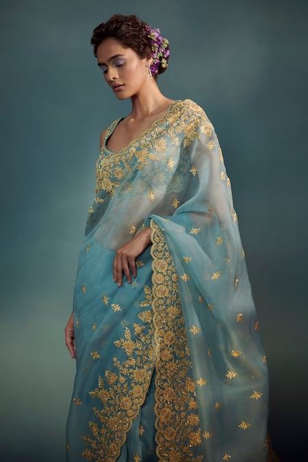 Shop_Suhino_Blue Saree Pure Banarasi Organza Scoop Neck Hand Embroidered With Blouse _at_Aza_Fashions