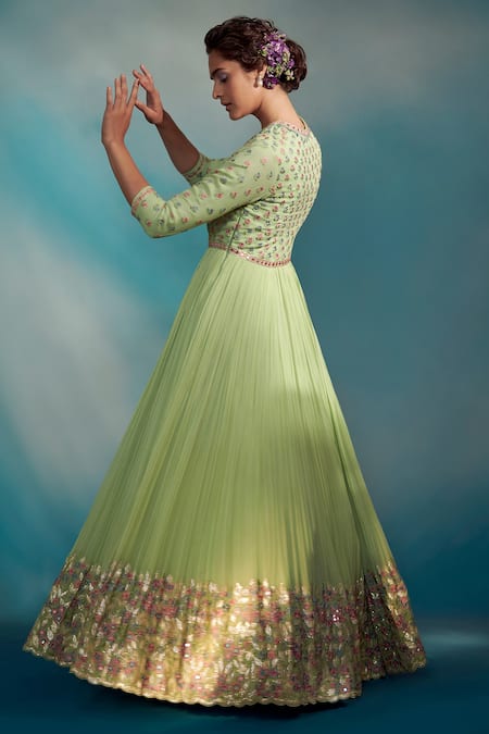 Shop SUHINO Green Organza, Georgette, Viscose Round Embroidered Anarkali With Dupatta at Aza Fashions Shop_SUHINO_Green Organza, Georgette, Viscose Round Embroidered Anarkali With Dupatta _at_Aza_Fashions