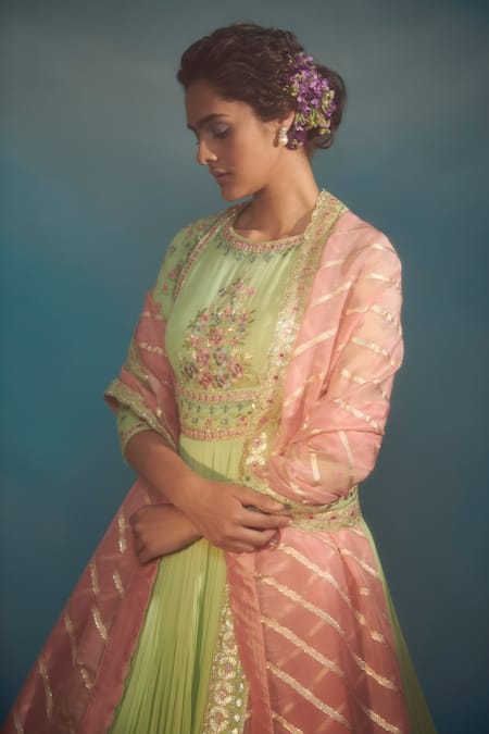 SUHINO Green Organza, Georgette, Viscose Round Embroidered Anarkali With Dupatta Online at Aza Fashions SUHINO_Green Organza, Georgette, Viscose Round Embroidered Anarkali With Dupatta _Online_at_Aza_Fashions