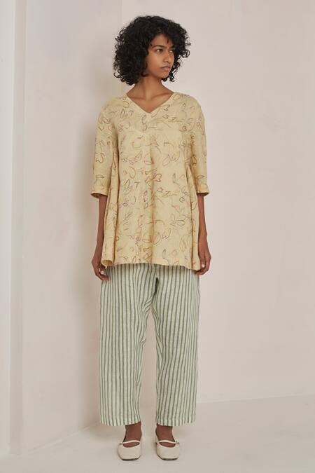 Buy_Eka_Yellow Linen V Neck Embroidered Top _Online_at_Aza_Fashions