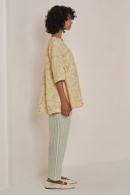 Eka_Yellow Linen V Neck Embroidered Top _Online_at_Aza_Fashions