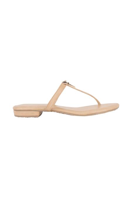 Signature Sole_Beige Embellished T-strap Flat Sandals_Online_at_Aza_Fashions