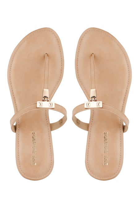 Buy_Signature Sole_Beige Embellished T-strap Flat Sandals_Online_at_Aza_Fashions