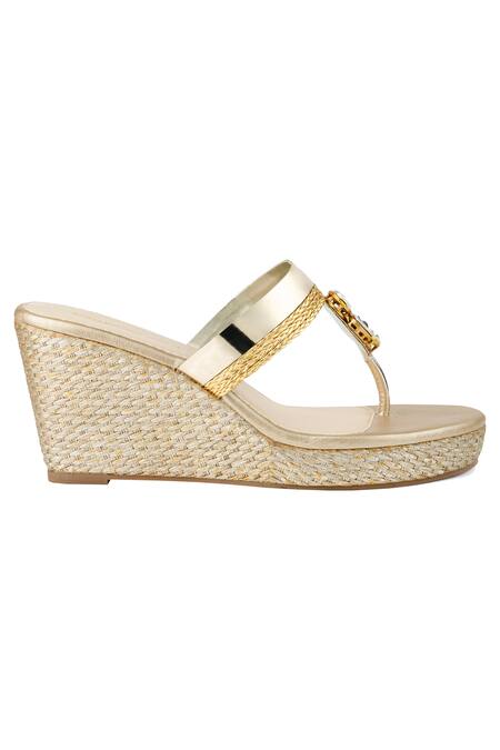 Signature Sole_Gold Embellished T-strap Wedge Heels_Online_at_Aza_Fashions