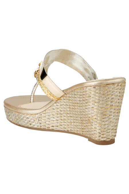 Buy_Signature Sole_Gold Embellished T-strap Wedge Heels_Online_at_Aza_Fashions
