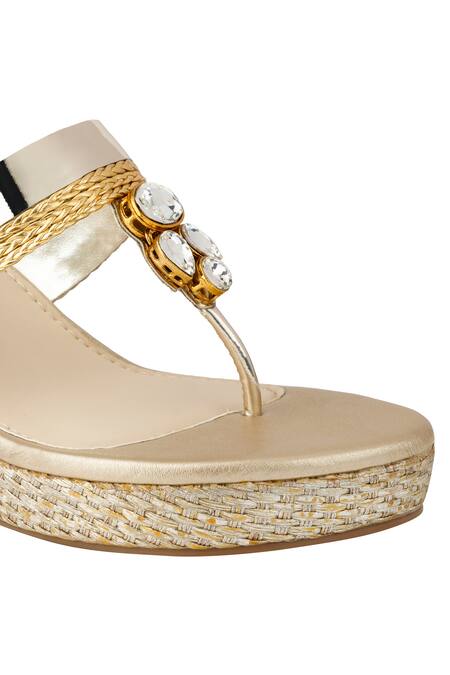 Shop_Signature Sole_Gold Embellished T-strap Wedge Heels_Online_at_Aza_Fashions
