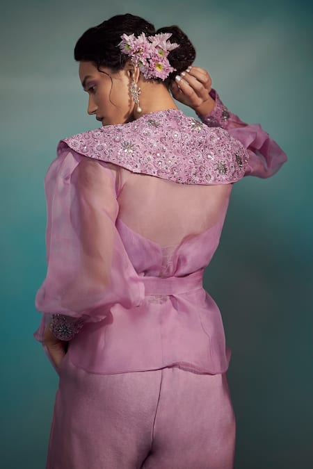 Shop SUHINO Purple Organza, Banarasi, Crushed Cotton, Maheshwari Silk Jumpsuit With Jacket at Aza Fashions Shop_SUHINO_Purple Organza, Banarasi, Crushed Cotton, Maheshwari Silk Jumpsuit With Jacket _at_Aza_Fashions