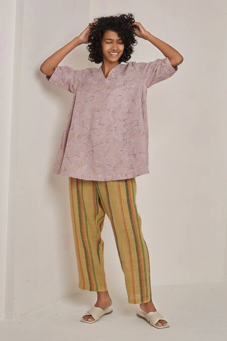 Buy_Eka_Purple Linen V Neck Embroidered Top _Online_at_Aza_Fashions