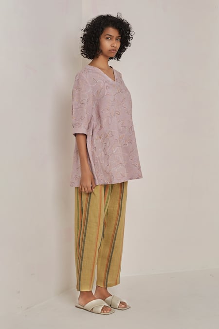 Eka_Purple Linen V Neck Embroidered Top _Online_at_Aza_Fashions
