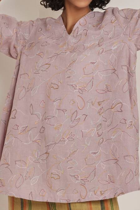Shop_Eka_Purple Linen V Neck Embroidered Top _Online_at_Aza_Fashions