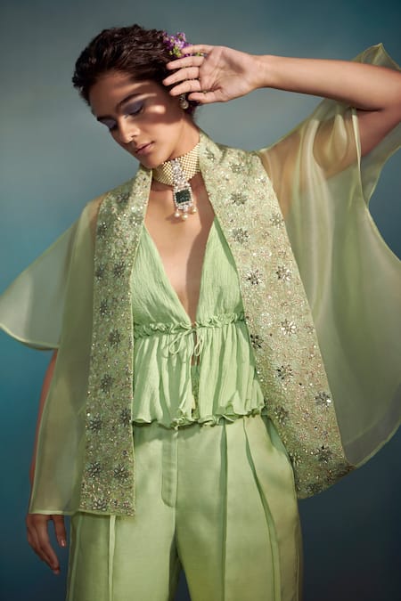 Shop SUHINO Green Organza, Banarasi, Crushed Cotton V Neck Embroidered Overlay And Pant Set at Aza Fashions Shop_SUHINO_Green Organza, Banarasi, Crushed Cotton V Neck Embroidered Overlay And Pant Set _at_Aza_Fashions