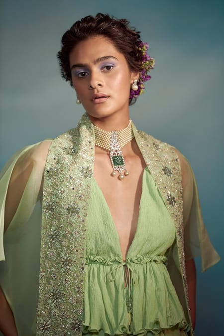 SUHINO Green Organza, Banarasi, Crushed Cotton V Neck Embroidered Overlay And Pant Set Online at Aza Fashions SUHINO_Green Organza, Banarasi, Crushed Cotton V Neck Embroidered Overlay And Pant Set _Online_at_Aza_Fashions