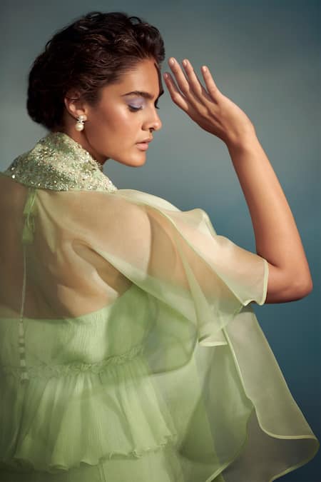 Buy SUHINO Green Organza, Banarasi, Crushed Cotton V Neck Embroidered Overlay And Pant Set Online at Aza Fashions Buy_SUHINO_Green Organza, Banarasi, Crushed Cotton V Neck Embroidered Overlay And Pant Set _Online_at_Aza_Fashions