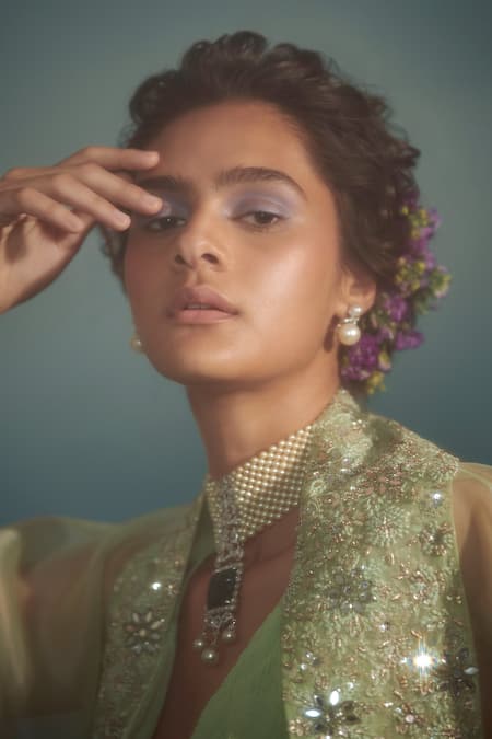 Shop SUHINO Green Organza, Banarasi, Crushed Cotton V Neck Embroidered Overlay And Pant Set Online at Aza Fashions Shop_SUHINO_Green Organza, Banarasi, Crushed Cotton V Neck Embroidered Overlay And Pant Set _Online_at_Aza_Fashions