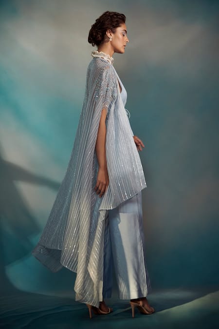 Shop SUHINO Blue Organza, Banarasi, Crushed Cotton V Neck Embroidered Overlay And Pant Set at Aza Fashions Shop_SUHINO_Blue Organza, Banarasi, Crushed Cotton V Neck Embroidered Overlay And Pant Set _at_Aza_Fashions