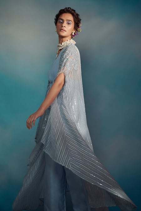 SUHINO Blue Organza, Banarasi, Crushed Cotton V Neck Embroidered Overlay And Pant Set Online at Aza Fashions SUHINO_Blue Organza, Banarasi, Crushed Cotton V Neck Embroidered Overlay And Pant Set _Online_at_Aza_Fashions