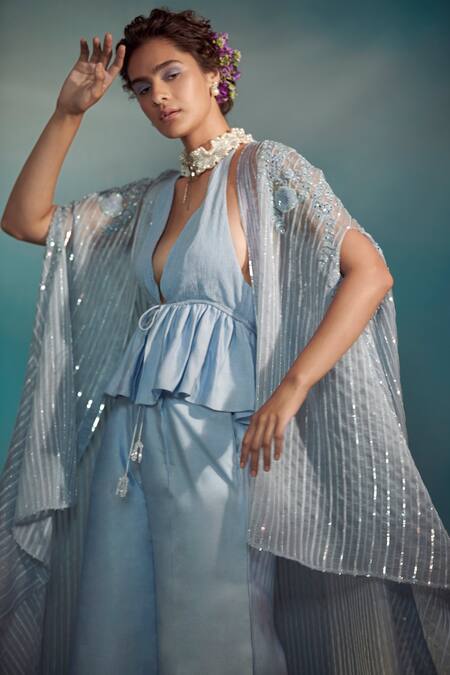 Buy SUHINO Blue Organza, Banarasi, Crushed Cotton V Neck Embroidered Overlay And Pant Set Online at Aza Fashions Buy_SUHINO_Blue Organza, Banarasi, Crushed Cotton V Neck Embroidered Overlay And Pant Set _Online_at_Aza_Fashions