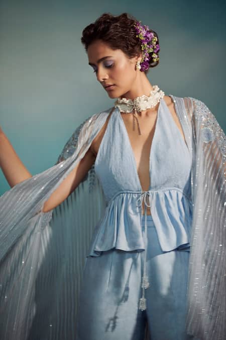 Shop SUHINO Blue Organza, Banarasi, Crushed Cotton V Neck Embroidered Overlay And Pant Set Online at Aza Fashions Shop_SUHINO_Blue Organza, Banarasi, Crushed Cotton V Neck Embroidered Overlay And Pant Set _Online_at_Aza_Fashions