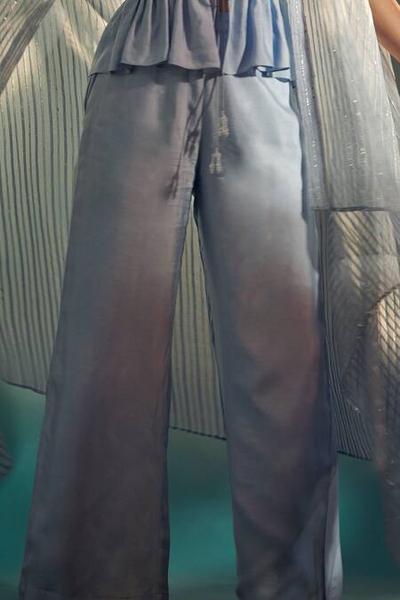 SUHINO Blue Organza, Banarasi, Crushed Cotton V Neck Embroidered Overlay And Pant Set at Aza Fashions SUHINO_Blue Organza, Banarasi, Crushed Cotton V Neck Embroidered Overlay And Pant Set _at_Aza_Fashions