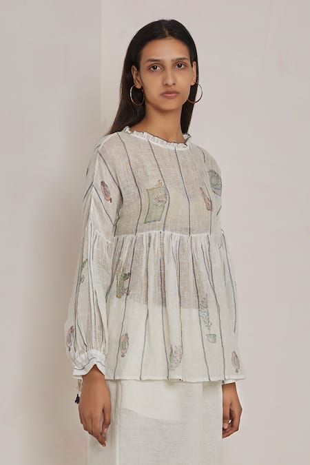 Buy_Eka_White Linen Round Peplum Top _Online_at_Aza_Fashions