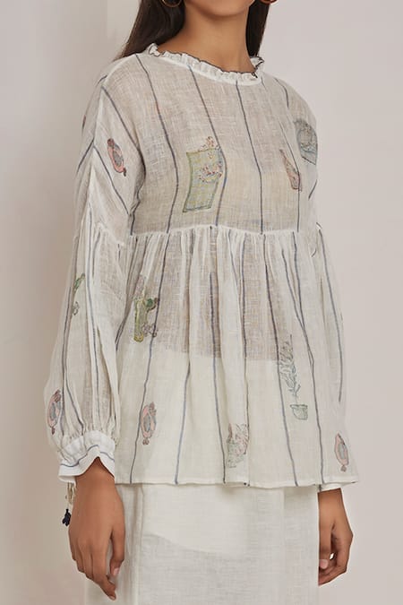 Shop_Eka_White Linen Round Peplum Top _Online_at_Aza_Fashions
