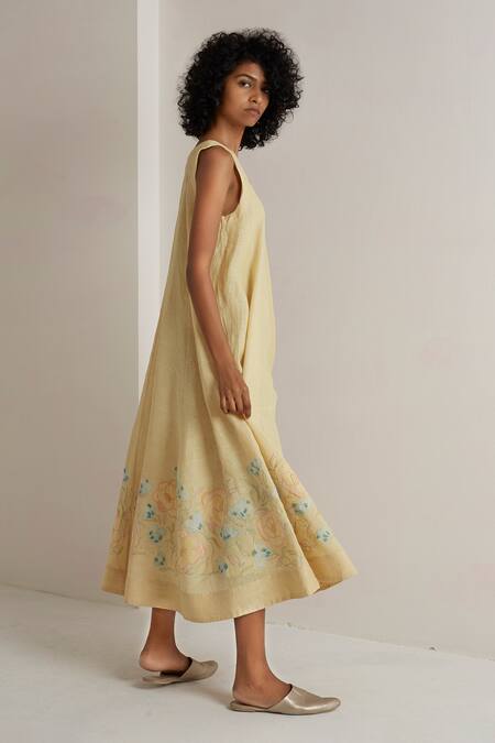 Eka_Yellow Linen V Neck Dress _Online_at_Aza_Fashions