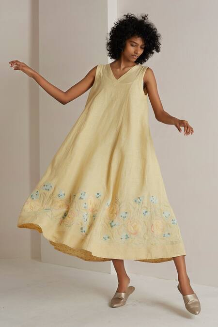 Buy_Eka_Yellow Linen V Neck Dress _Online_at_Aza_Fashions